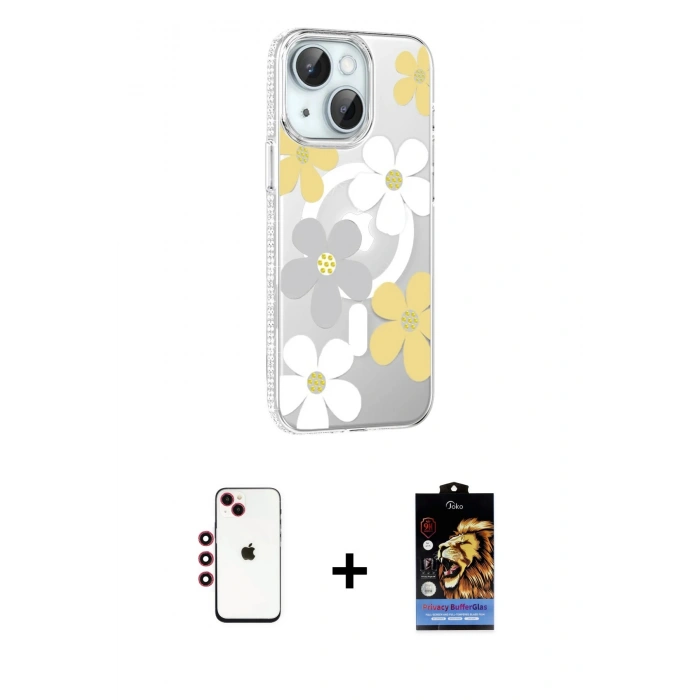 MARSİLYAN™- iPhone 14 Kılıf Yörünge Işık Prime - Siyah Buffer Hayalet Cam Ekran Koruyucu + Shine Kamera Lens - KI