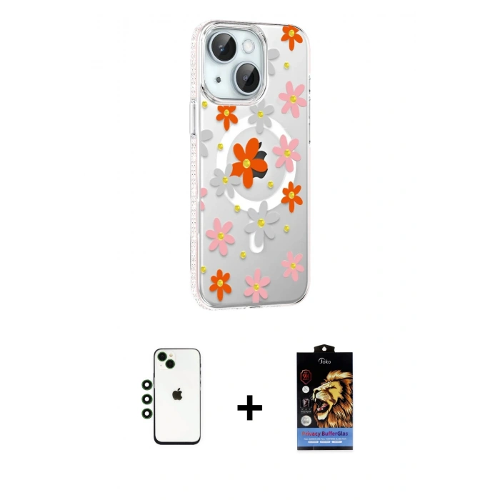 MARSİLYAN™- iPhone 14 Kılıf Yörünge Işık Prime - Siyah Buffer Hayalet Cam Ekran Koruyucu + Shine Kamera Lens - YL
