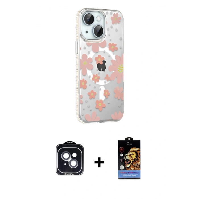 MARSİLYAN™- iPhone 14 Kılıf Yörünge Işık Prime - Siyah Buffer Hayalet Cam Ekran Koruyucu + PVD Metal Kamera Lens - SH