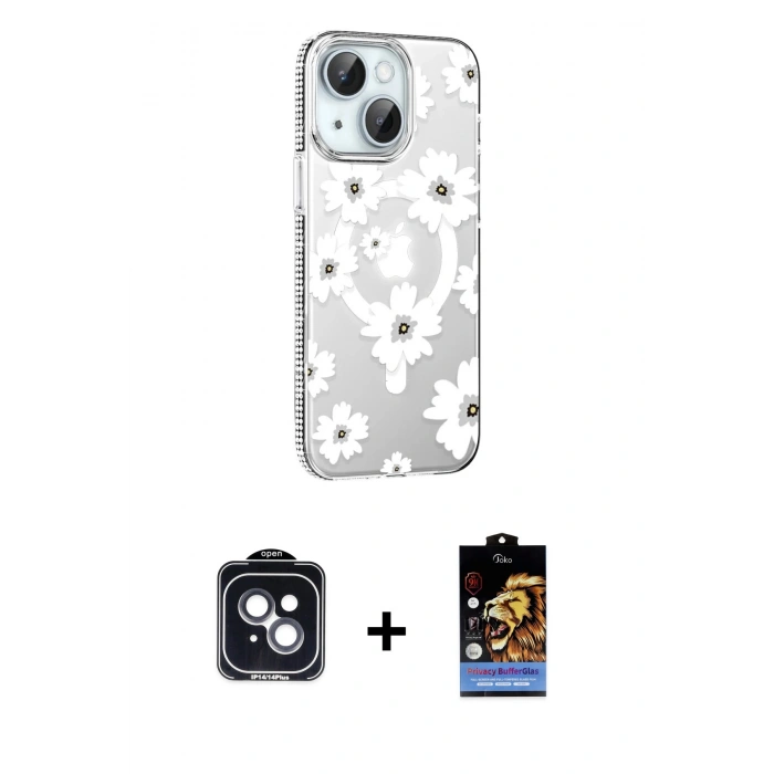 MARSİLYAN™- iPhone 14 Kılıf Yörünge Işık Prime - Siyah Buffer Hayalet Cam Ekran Koruyucu + PVD Metal Kamera Lens - SH