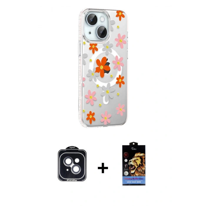 MARSİLYAN™- iPhone 14 Kılıf Yörünge Işık Prime - Siyah Buffer Hayalet Cam Ekran Koruyucu + PVD Metal Kamera Lens - SH