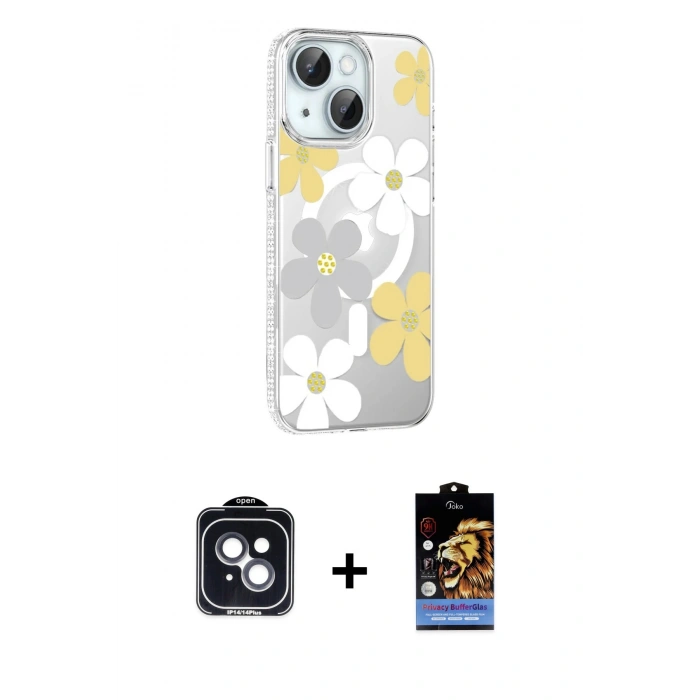 MARSİLYAN™- iPhone 14 Kılıf Yörünge Işık Prime - Siyah Buffer Hayalet Cam Ekran Koruyucu + PVD Metal Kamera Lens - SH