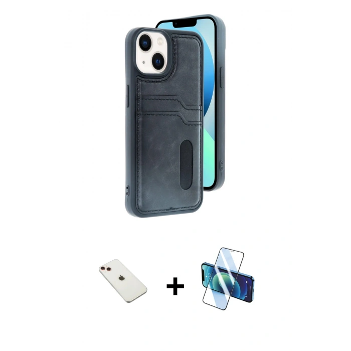 MARSİLYAN™- iPhone 14 Kılıf Yörünge Işık Serisi - Siyah 3D Antistatik Cam Ekran Koruyucu + Diamond Kamera Lens - KI