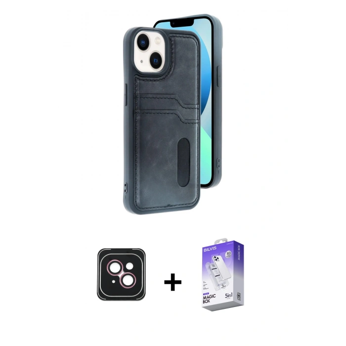 MARSİLYAN™- iPhone 14 Kılıf Yörünge Işık Serisi - Siyah Bilvis 5in1 3D Magic Cam Ekran Koruyucu + PVD Metal Kamera Lens - PE