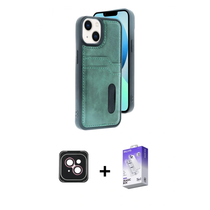 MARSİLYAN™- iPhone 14 Kılıf Yörünge Işık Serisi - Siyah Bilvis 5in1 3D Magic Cam Ekran Koruyucu + PVD Metal Kamera Lens - PE