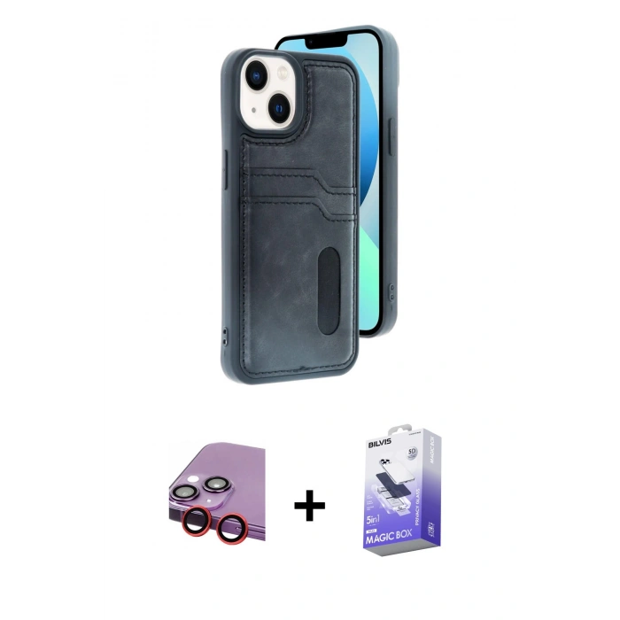 MARSİLYAN™- iPhone 14 Kılıf Yörünge Işık Serisi - Siyah Bilvis 5in1 5D Magic Hayalet Cam Ekran Koruyucu + Raze Metal Kamera Lens - KI