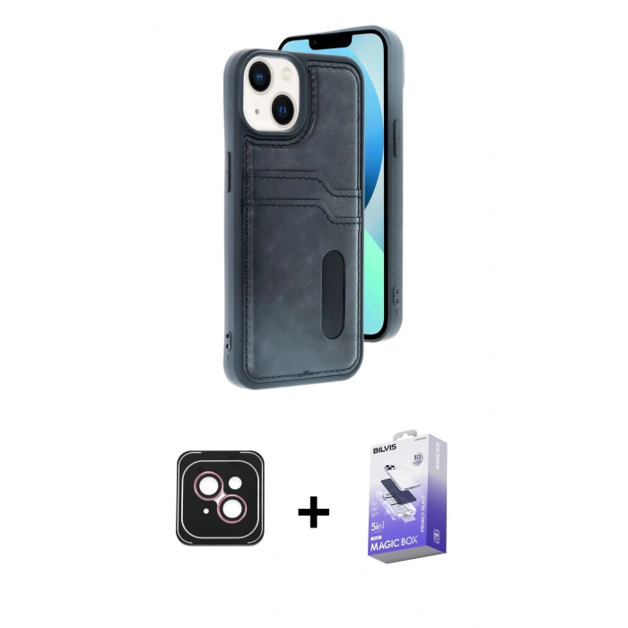 MARSİLYAN™- iPhone 14 Kılıf Yörünge Işık Serisi - Siyah Bilvis 5in1 5D Magic Hayalet Cam Ekran Koruyucu + PVD Metal Kamera Lens - PE