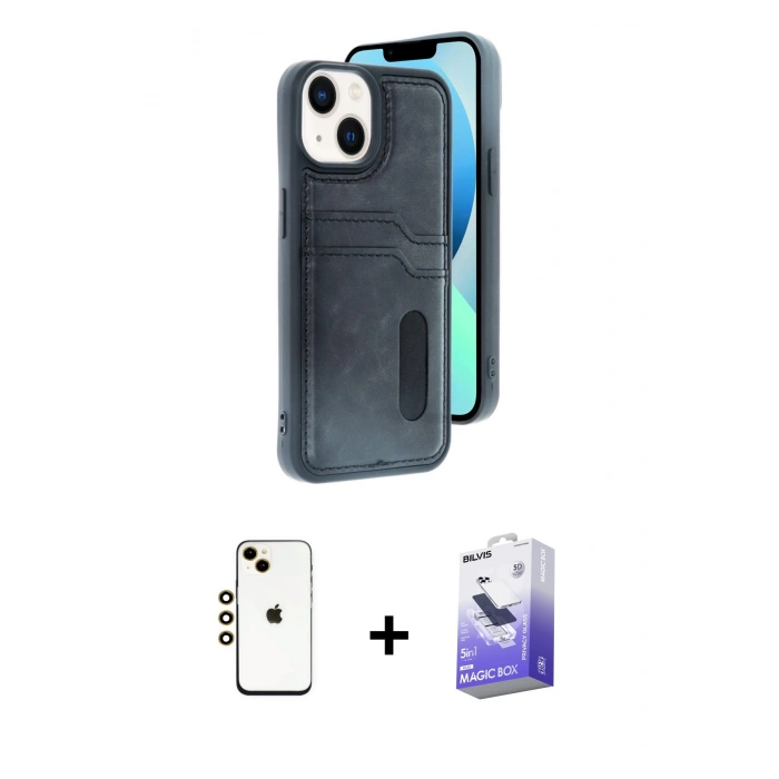 MARSİLYAN™- iPhone 14 Kılıf Yörünge Işık Serisi - Siyah Bilvis 5in1 5D Magic Hayalet Cam Ekran Koruyucu + Shine Kamera Lens - GD