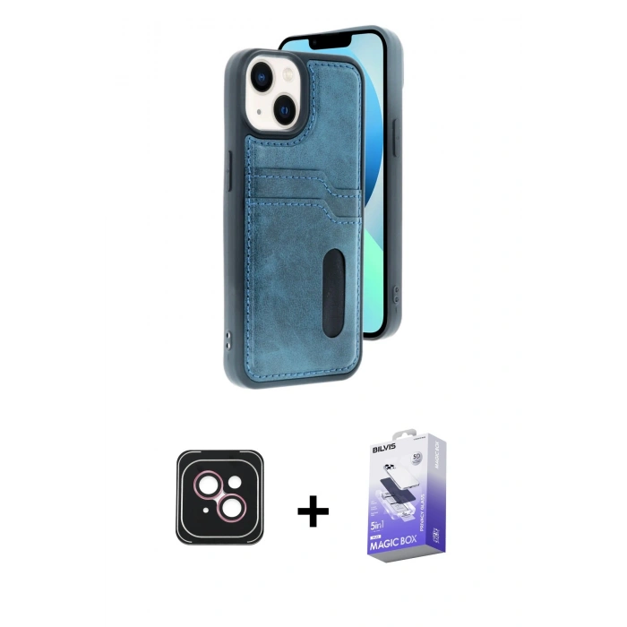 MARSİLYAN™- iPhone 14 Kılıf Yörünge Işık Serisi - Siyah Bilvis 5in1 5D Magic Hayalet Cam Ekran Koruyucu + PVD Metal Kamera Lens - PE