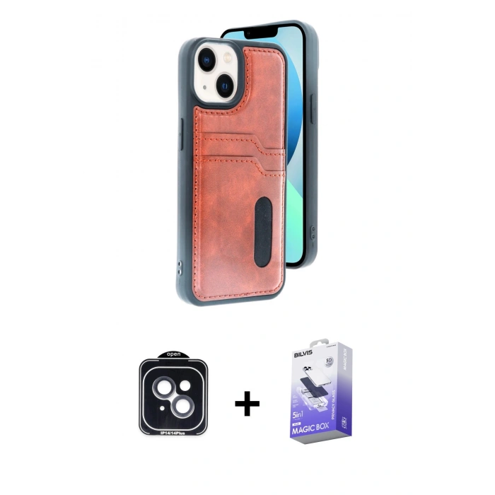 MARSİLYAN™- iPhone 14 Kılıf Yörünge Işık Serisi - Siyah Bilvis 5in1 5D Magic Hayalet Cam Ekran Koruyucu + PVD Metal Kamera Lens - SH