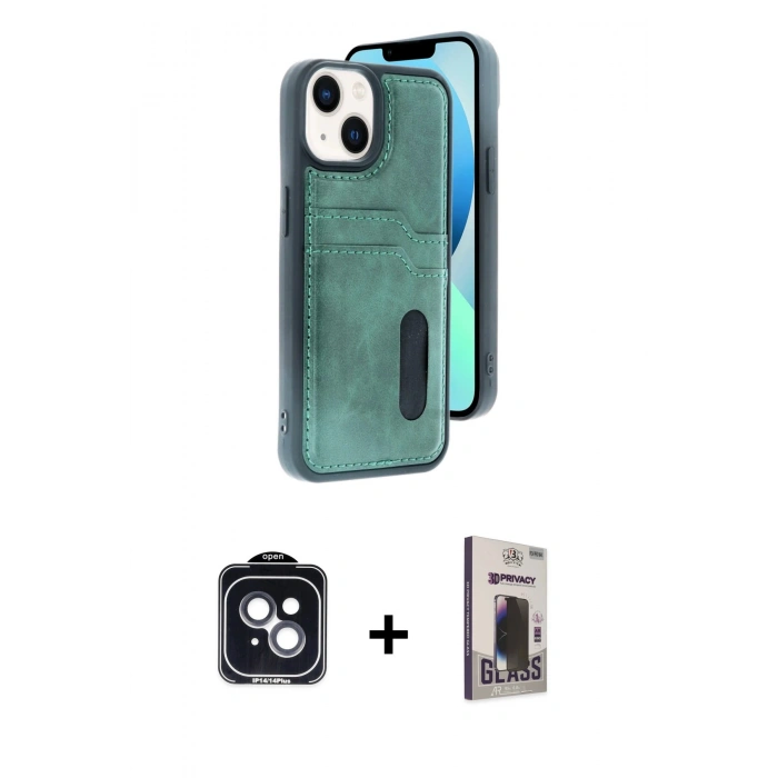 MARSİLYAN™- iPhone 14 Kılıf Yörünge Işık Serisi - Siyah Bilvis Hayalet Cam Ekran Koruyucu + PVD Metal Kamera Lens - SH