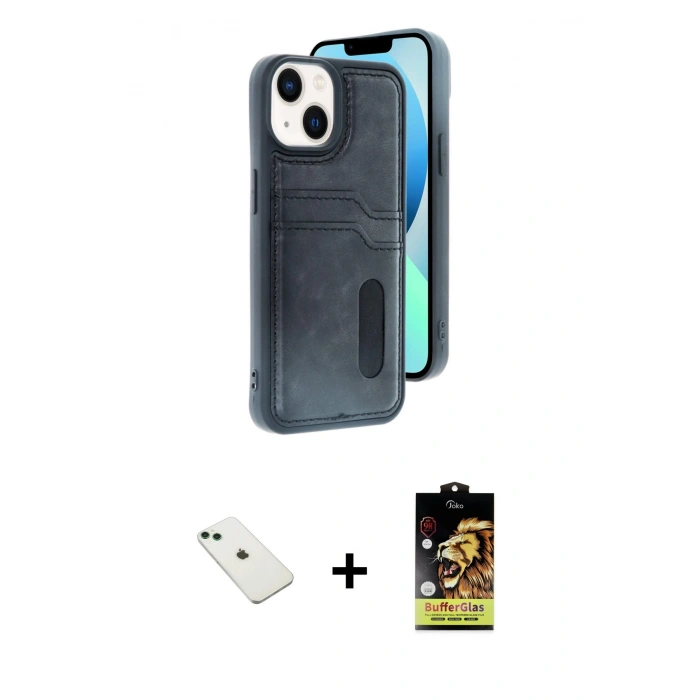 MARSİLYAN™- iPhone 14 Kılıf Yörünge Işık Serisi - Siyah Buffer Cam Ekran Koruyucu + Diamond Kamera Lens - YL
