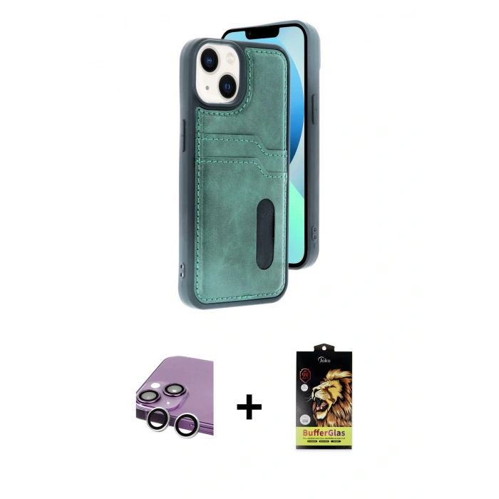 MARSİLYAN™- iPhone 14 Kılıf Yörünge Işık Serisi - Siyah Buffer Cam Ekran Koruyucu + Raze Metal Kamera Lens - GS