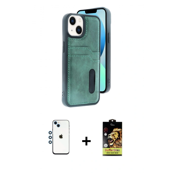 MARSİLYAN™- iPhone 14 Kılıf Yörünge Işık Serisi - Siyah Buffer Cam Ekran Koruyucu + Mavi Shine Kamera Lens