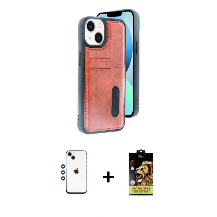 MARSİLYAN™- iPhone 14 Kılıf Yörünge Işık Serisi - Siyah Buffer Cam Ekran Koruyucu + Mavi Shine Kamera Lens