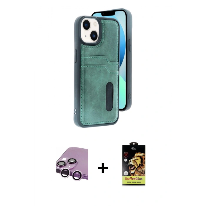 MARSİLYAN™- iPhone 14 Kılıf Yörünge Işık Serisi - Siyah Buffer Cam Ekran Koruyucu + Raze Metal Kamera Lens - MR