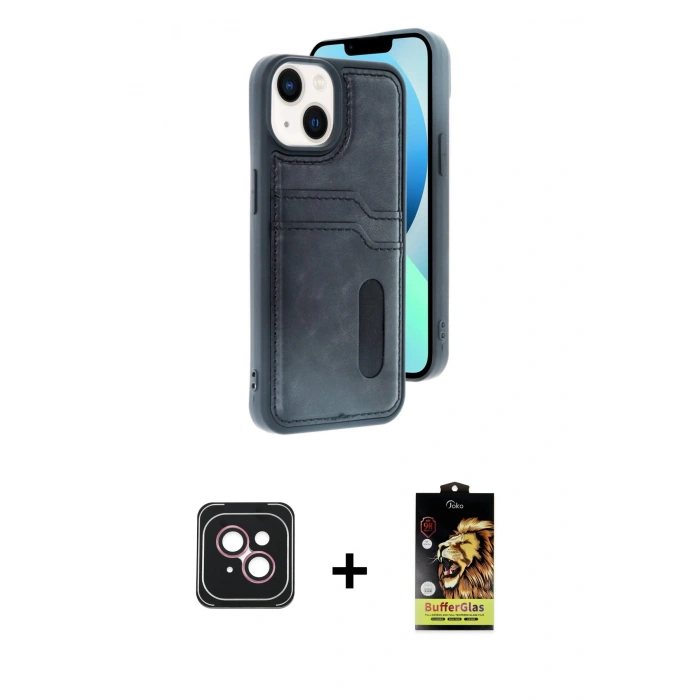 MARSİLYAN™- iPhone 14 Kılıf Yörünge Işık Serisi - Siyah Buffer Cam Ekran Koruyucu + PVD Metal Kamera Lens - PE