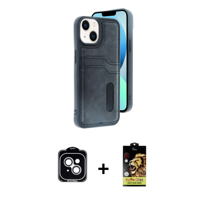 MARSİLYAN™- iPhone 14 Kılıf Yörünge Işık Serisi - Siyah Buffer Cam Ekran Koruyucu + PVD Metal Kamera Lens - GS