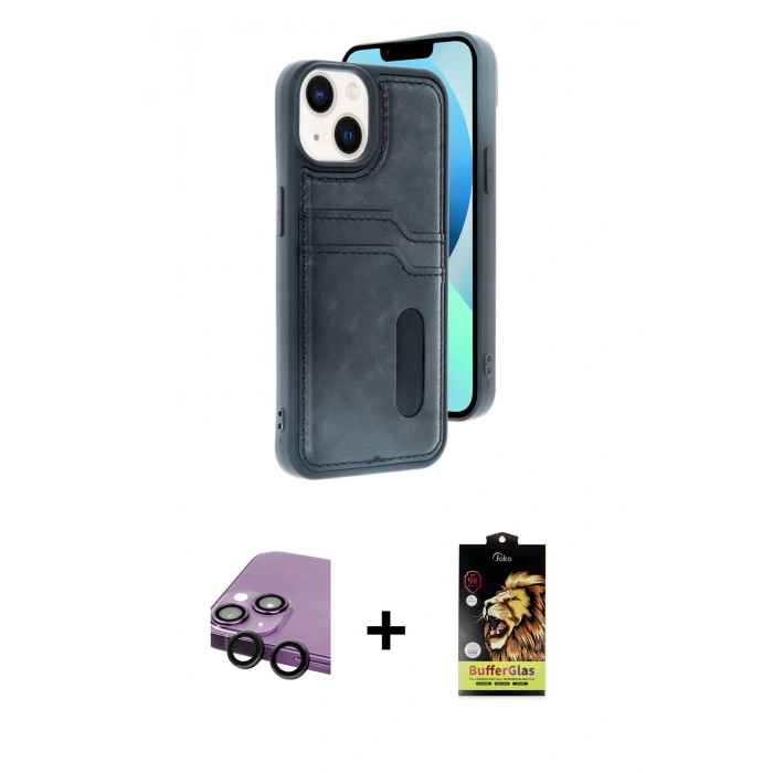 MARSİLYAN™- iPhone 14 Kılıf Yörünge Işık Serisi - Siyah Buffer Cam Ekran Koruyucu + Raze Metal Kamera Lens - SH