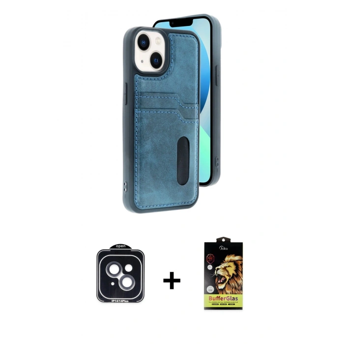 MARSİLYAN™- iPhone 14 Kılıf Yörünge Işık Serisi - Siyah Buffer Cam Ekran Koruyucu + PVD Metal Kamera Lens - SH