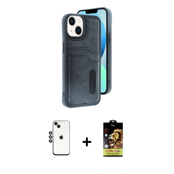 MARSİLYAN™- iPhone 14 Kılıf Yörünge Işık Serisi - Siyah Buffer Cam Ekran Koruyucu + Siyah Shine Kamera Lens