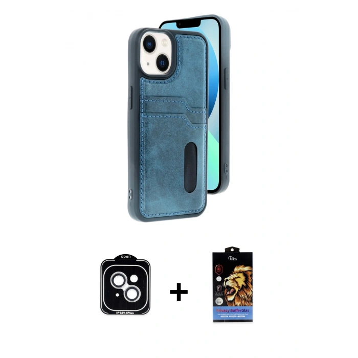 MARSİLYAN™- iPhone 14 Kılıf Yörünge Işık Serisi - Siyah Buffer Hayalet Cam Ekran Koruyucu + PVD Metal Kamera Lens - GS