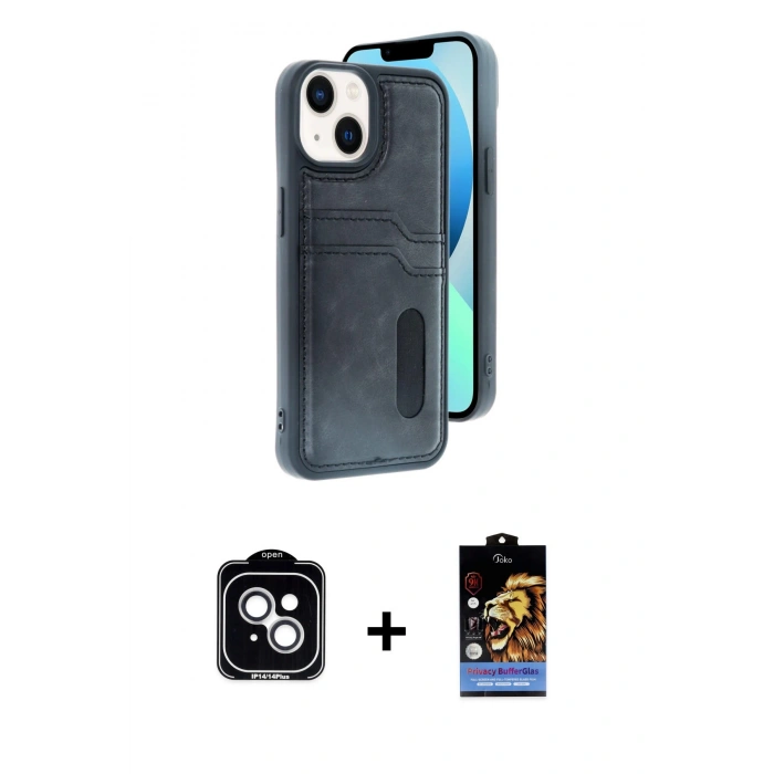 MARSİLYAN™- iPhone 14 Kılıf Yörünge Işık Serisi - Siyah Buffer Hayalet Cam Ekran Koruyucu + PVD Metal Kamera Lens - GS