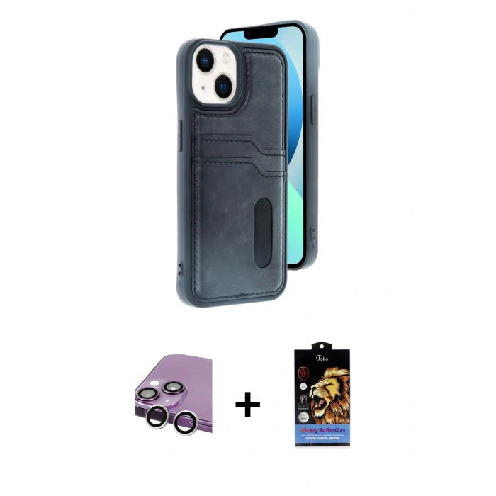 MARSİLYAN™- iPhone 14 Kılıf Yörünge Işık Serisi - Siyah Buffer Hayalet Cam Ekran Koruyucu + Raze Metal Kamera Lens - GS