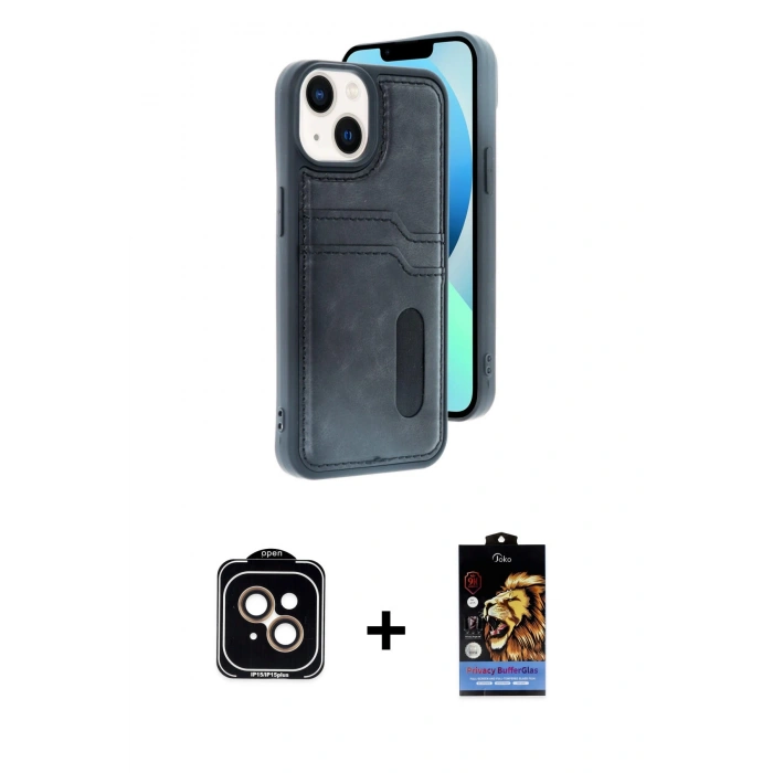 MARSİLYAN™- iPhone 14 Kılıf Yörünge Işık Serisi - Siyah Buffer Hayalet Cam Ekran Koruyucu + PVD Metal Kamera Lens - TU
