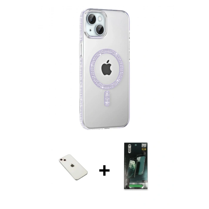MARSİLYAN™- iPhone 14 Kılıf Yörünge Koleksiyonu - Şeffaf 360 Full Body Arka Koruyucu + Diamond Kamera Lens - PE