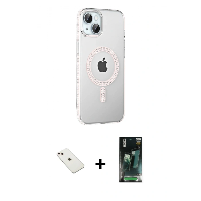 MARSİLYAN™- iPhone 14 Kılıf Yörünge Koleksiyonu - Şeffaf 360 Full Body Arka Koruyucu + Diamond Kamera Lens - PE