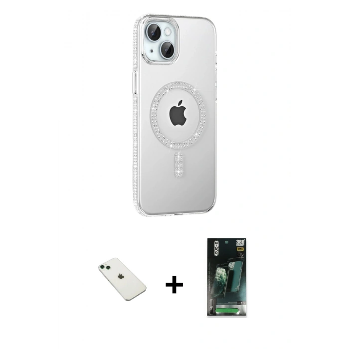 MARSİLYAN™- iPhone 14 Kılıf Yörünge Koleksiyonu - Şeffaf 360 Full Body Arka Koruyucu + Diamond Kamera Lens - YL