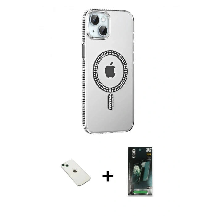 MARSİLYAN™- iPhone 14 Kılıf Yörünge Koleksiyonu - Şeffaf 360 Full Body Arka Koruyucu + Diamond Kamera Lens - YL