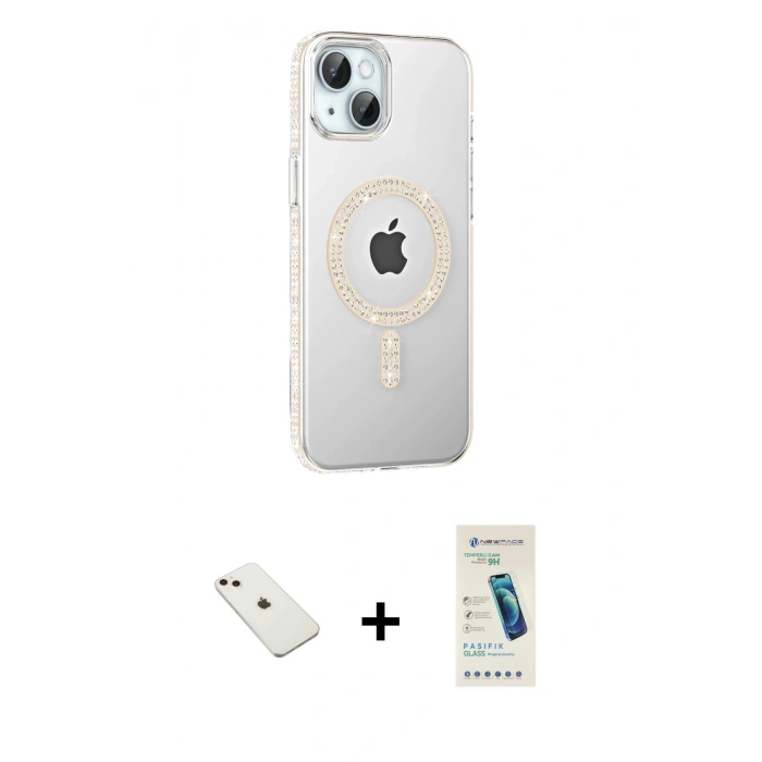 MARSİLYAN™- iPhone 14 Kılıf Yörünge Koleksiyonu - Şeffaf Pasifik Cam Ekran Koruyucu + Diamond Kamera Lens - PE
