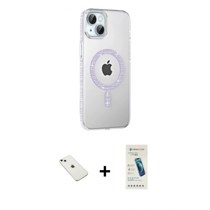 MARSİLYAN™- iPhone 14 Kılıf Yörünge Koleksiyonu - Şeffaf Pasifik Cam Ekran Koruyucu + Diamond Kamera Lens - PE