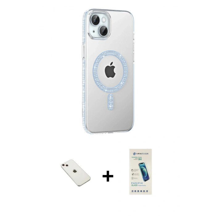 MARSİLYAN™- iPhone 14 Kılıf Yörünge Koleksiyonu - Şeffaf Pasifik Cam Ekran Koruyucu + Diamond Kamera Lens - PE