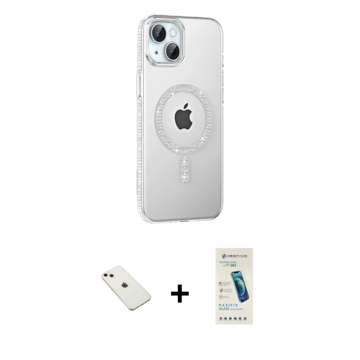 MARSİLYAN™- iPhone 14 Kılıf Yörünge Koleksiyonu - Şeffaf Pasifik Cam Ekran Koruyucu + Diamond Kamera Lens - PE
