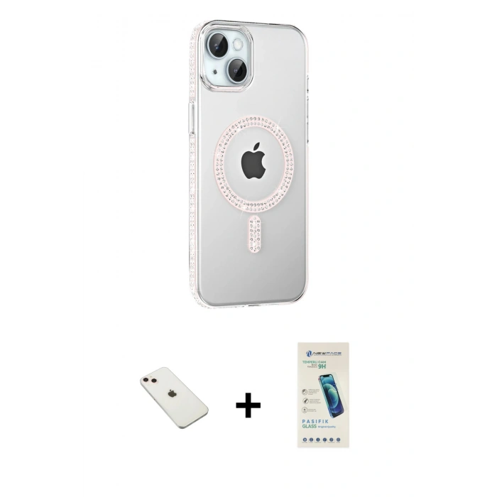 MARSİLYAN™- iPhone 14 Kılıf Yörünge Koleksiyonu - Şeffaf Pasifik Cam Ekran Koruyucu + Diamond Kamera Lens - PE