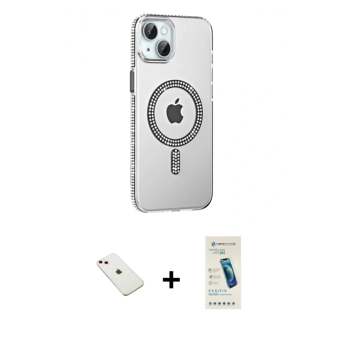 MARSİLYAN™- iPhone 14 Kılıf Yörünge Koleksiyonu - Şeffaf Pasifik Cam Ekran Koruyucu + Diamond Kamera Lens - PE