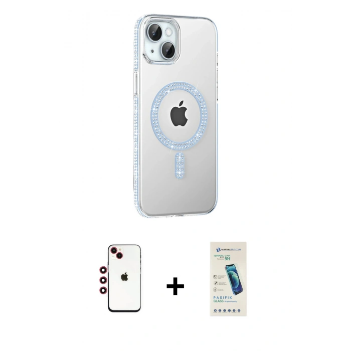 MARSİLYAN™- iPhone 14 Kılıf Yörünge Koleksiyonu - Şeffaf Pasifik Cam Ekran Koruyucu + Shine Kamera Lens - KI
