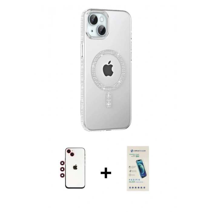 MARSİLYAN™- iPhone 14 Kılıf Yörünge Koleksiyonu - Şeffaf Pasifik Cam Ekran Koruyucu + Shine Kamera Lens - KI