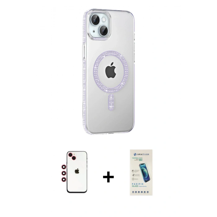 MARSİLYAN™- iPhone 14 Kılıf Yörünge Koleksiyonu - Şeffaf Pasifik Cam Ekran Koruyucu + Shine Kamera Lens - KI
