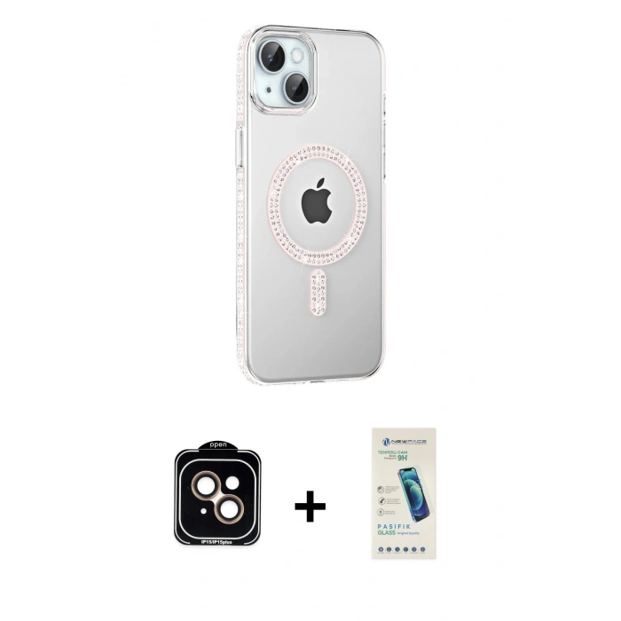 MARSİLYAN™- iPhone 14 Kılıf Yörünge Koleksiyonu - Şeffaf Pasifik Cam Ekran Koruyucu + PVD Metal Kamera Lens - TU