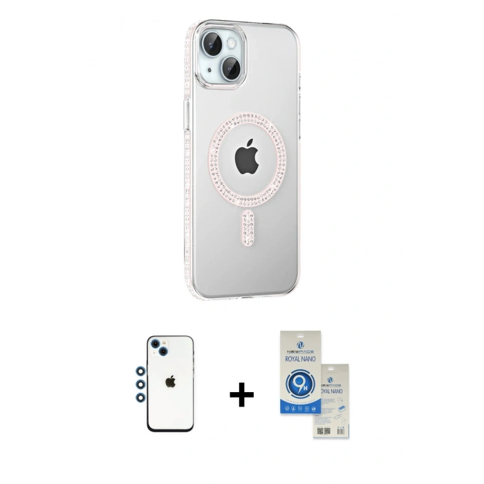 MARSİLYAN™- iPhone 14 Kılıf Yörünge Koleksiyonu - Şeffaf Royal Nano Ekran Koruyucu + Shine Kamera Lens - MI