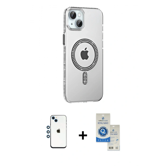 MARSİLYAN™- iPhone 14 Kılıf Yörünge Koleksiyonu - Şeffaf Royal Nano Ekran Koruyucu + Shine Kamera Lens - MI