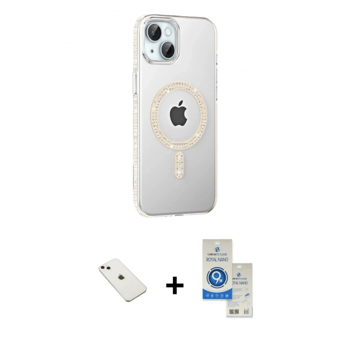 MARSİLYAN™- iPhone 14 Kılıf Yörünge Koleksiyonu - Şeffaf Royal Nano Ekran Koruyucu + Diamond Kamera Lens - PE