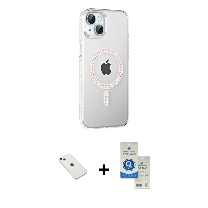 MARSİLYAN™- iPhone 14 Kılıf Yörünge Koleksiyonu - Şeffaf Royal Nano Ekran Koruyucu + Diamond Kamera Lens - SABE