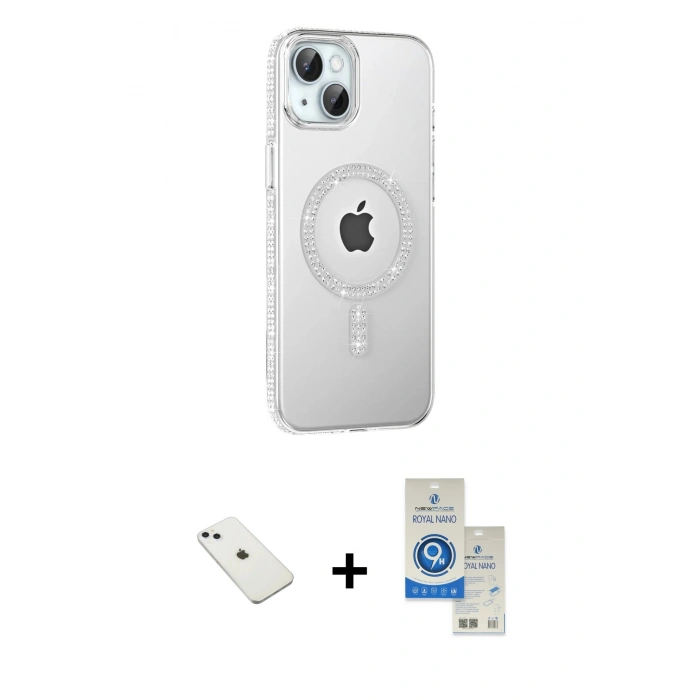 MARSİLYAN™- iPhone 14 Kılıf Yörünge Koleksiyonu - Şeffaf Royal Nano Ekran Koruyucu + Diamond Kamera Lens - SABE