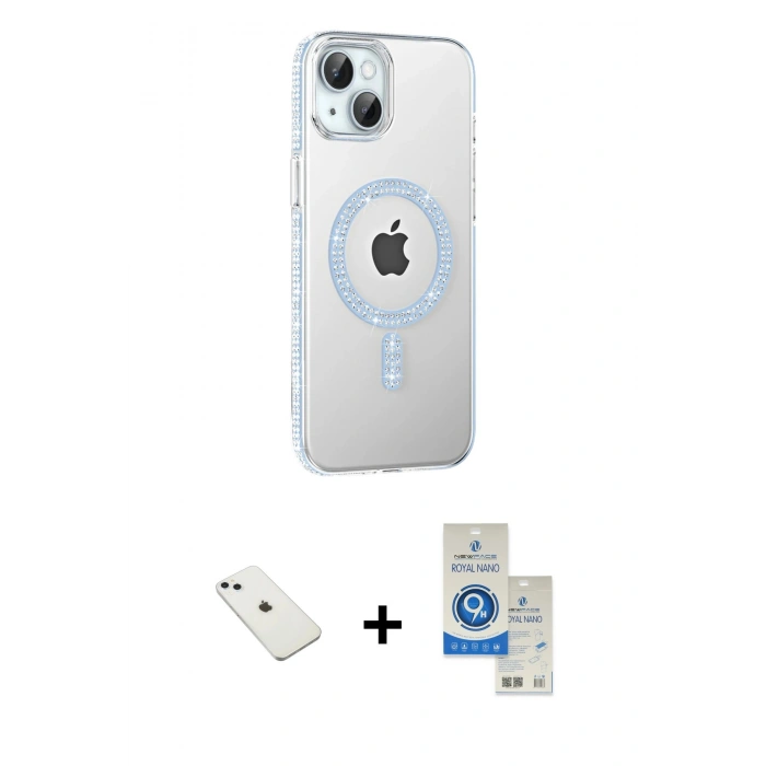 MARSİLYAN™- iPhone 14 Kılıf Yörünge Koleksiyonu - Şeffaf Royal Nano Ekran Koruyucu + Diamond Kamera Lens - SABE