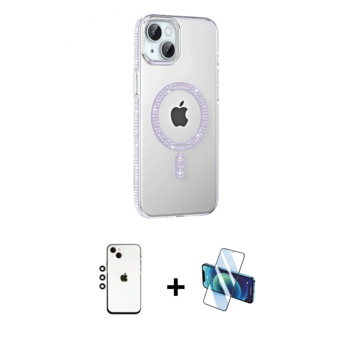 MARSİLYAN™- iPhone 14 Kılıf Yörünge Koleksiyonu - Siyah 3D Antistatik Cam Ekran Koruyucu + Shine Kamera Lens - GS